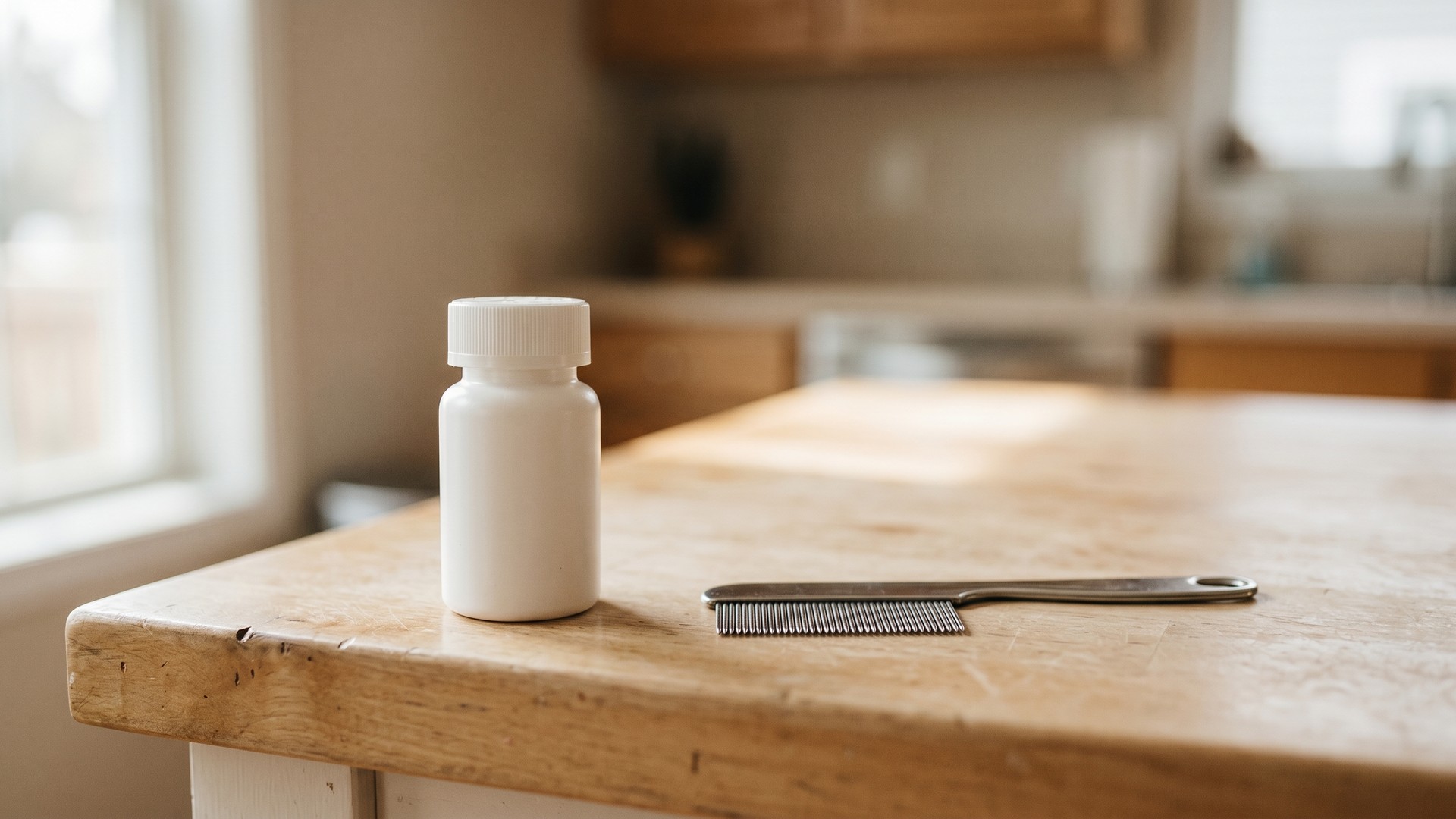 Prescription pill bottle and a fine-toothed nit comb side by side on a kitchen counter.