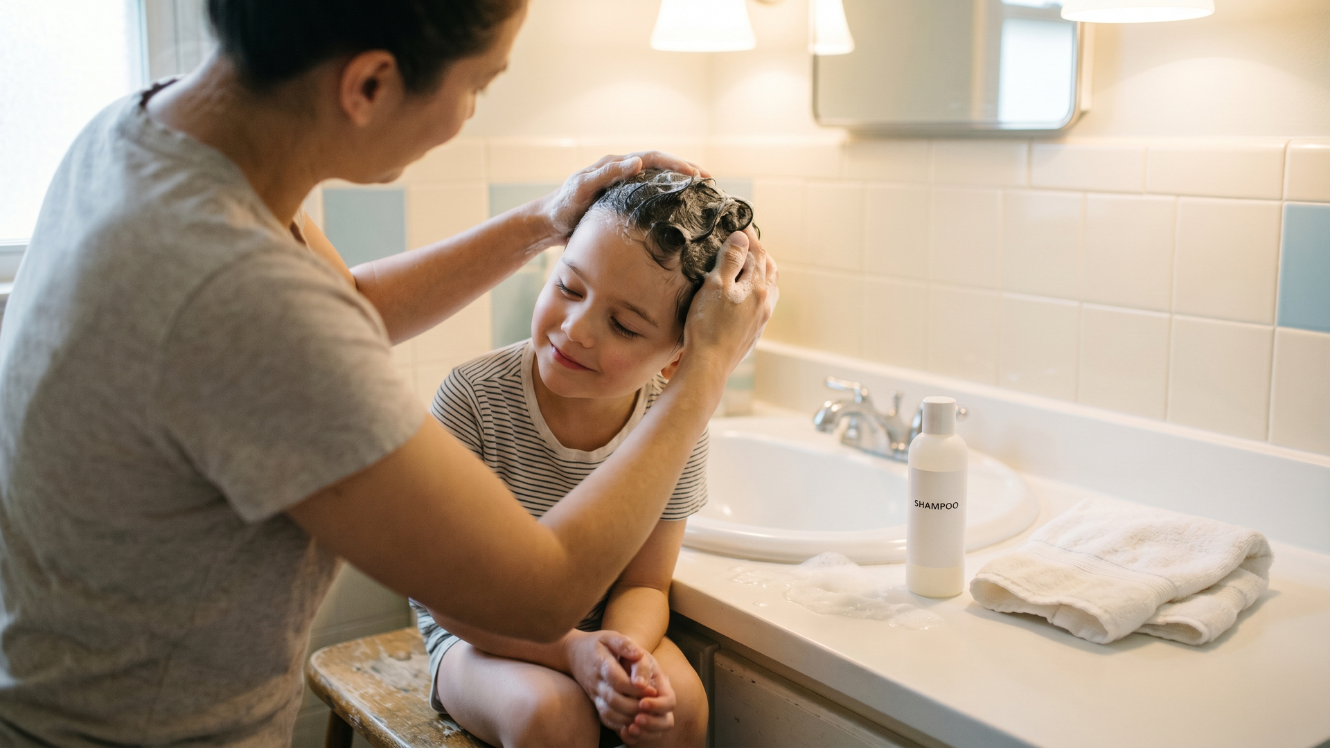 A parent gently lathers a young child's wet hair with shampoo over a bright bathroom sink, with a folded white towel and a plain unbranded shampoo bottle on the counter.