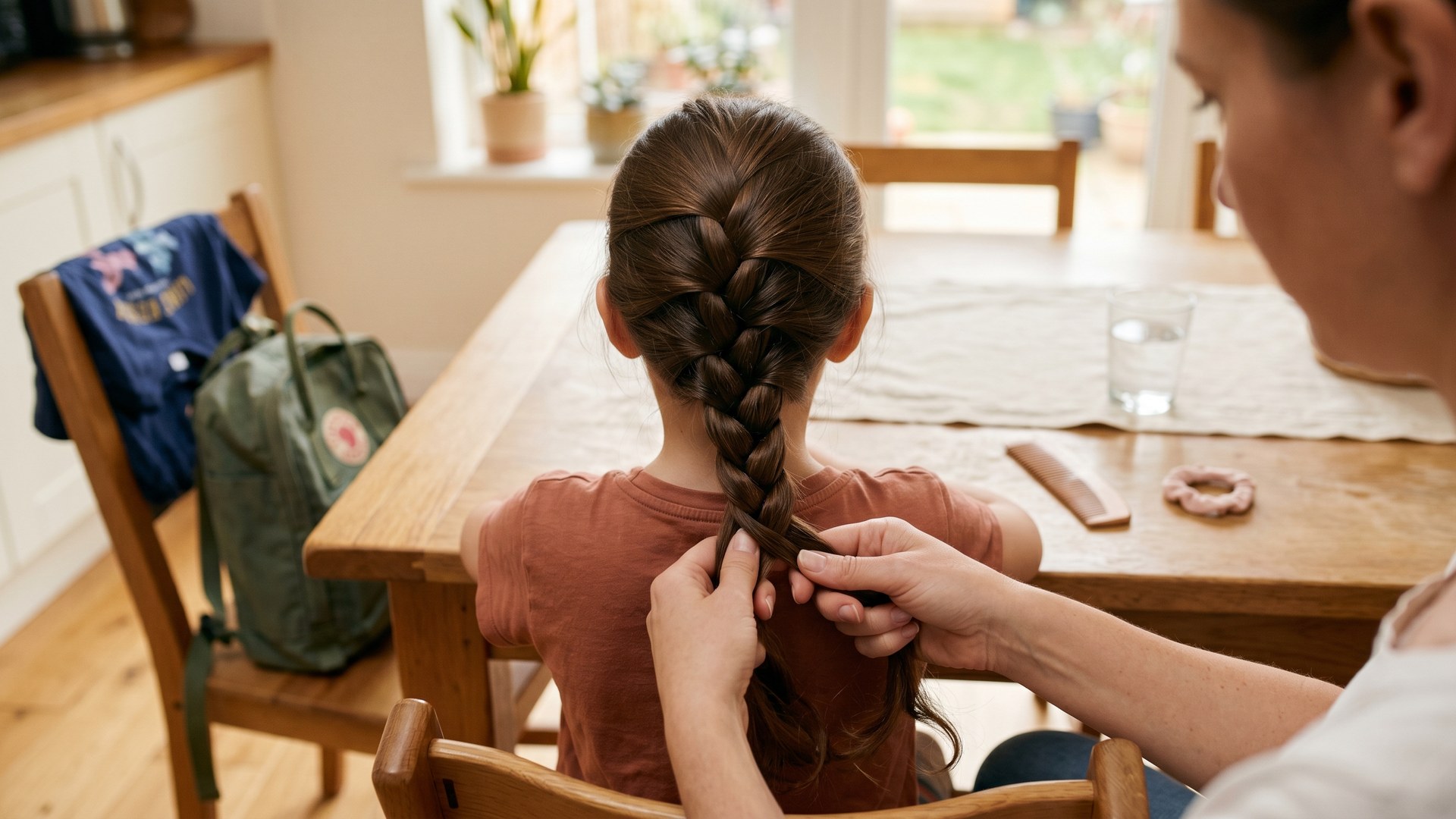 A calm parent's hands carefully French-braiding a young child's long brown hair at a sunlit kitchen table, with a backpack and folded camp T-shirt out of focus beside her.