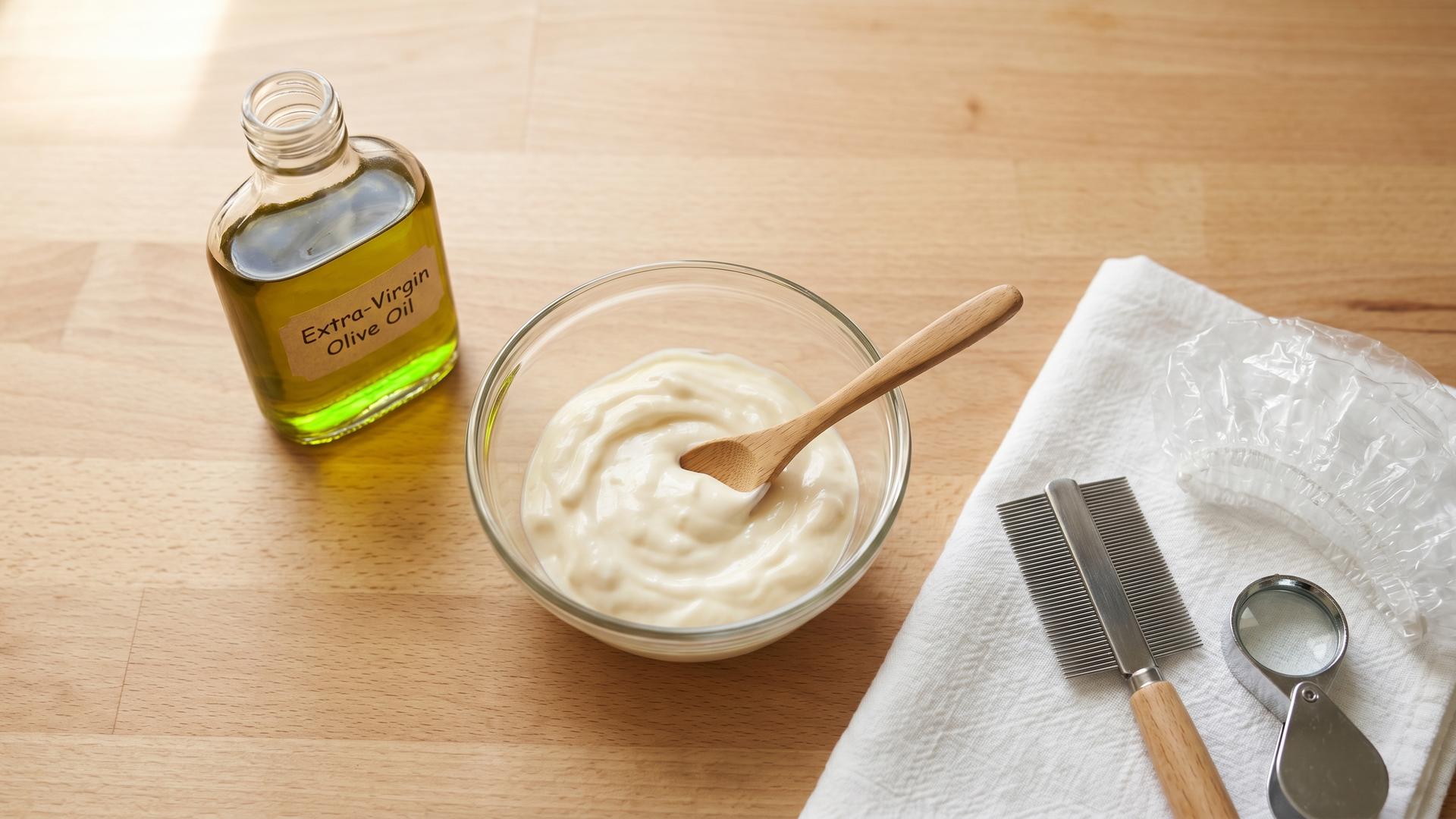 An editorial flat-lay on a light wood kitchen counter showing a glass bowl of full-fat mayonnaise with a wooden spoon, a small bottle of extra-virgin olive oil, a folded white cotton towel with a fine-tooth metal nit comb, a clear shower cap, and a handheld magnifier, under soft morning daylight.