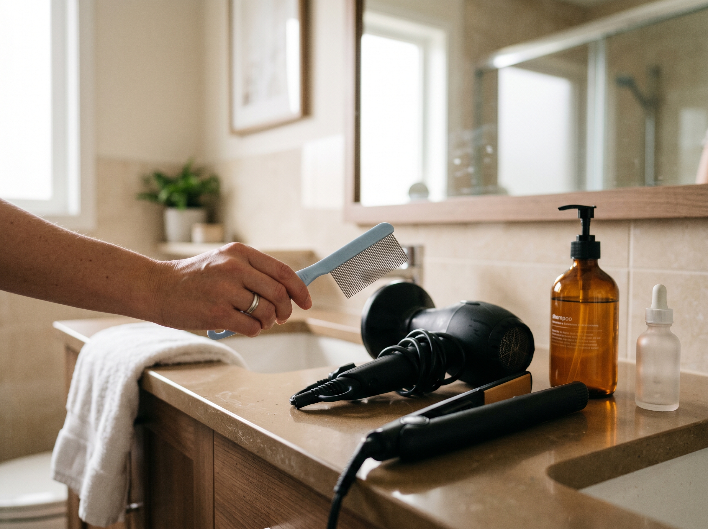 Bathroom counter with a hand holding a fine-toothed nit comb beside a blow dryer, flat iron, and shampoo bottle
