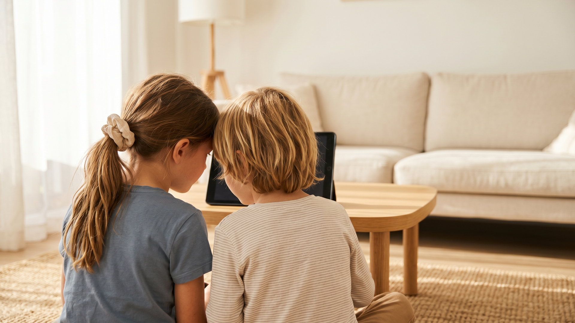 Two elementary-school-aged children viewed from behind, sitting side by side on a tan area rug in a sunlit family living room with their heads leaning close together over a tablet, illustrating the head-to-head contact moment that transmits head lice between kids.