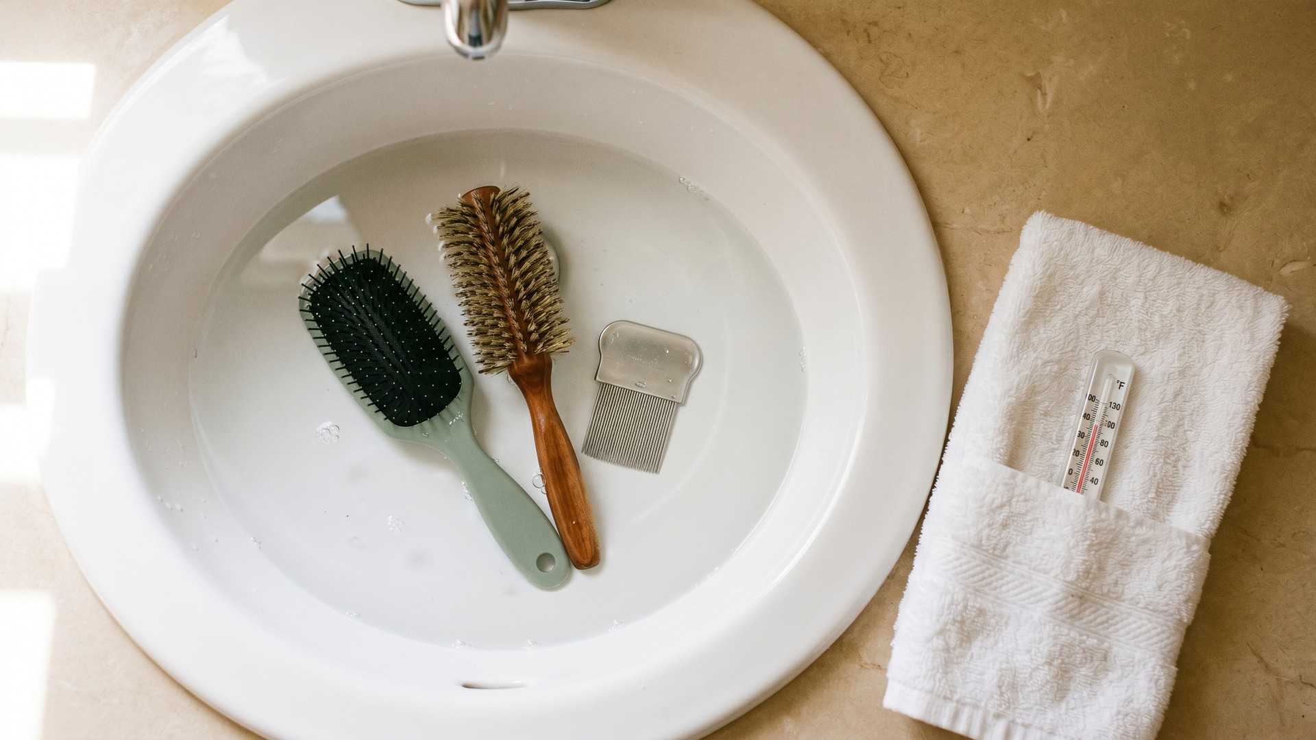 A clean white bathroom sink with two family hairbrushes and one fine-tooth metal nit comb submerged in clear hot water, a folded white cotton towel and a small thermometer on the counter beside it, under soft natural daylight.