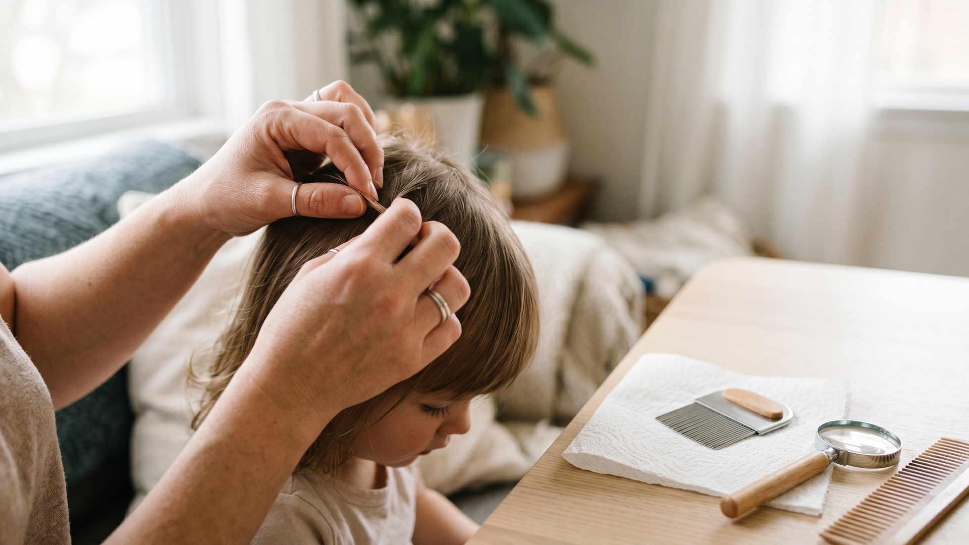 A parent's hands gently parting a child's hair into a thin section, with a fine-toothed metal lice comb and small magnifying glass on a folded white paper towel under soft daylight.