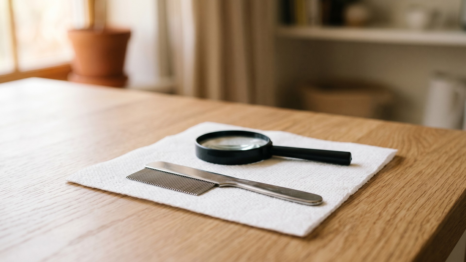 Stainless-steel nit comb and a small magnifying glass on a clean white paper towel under soft natural light.