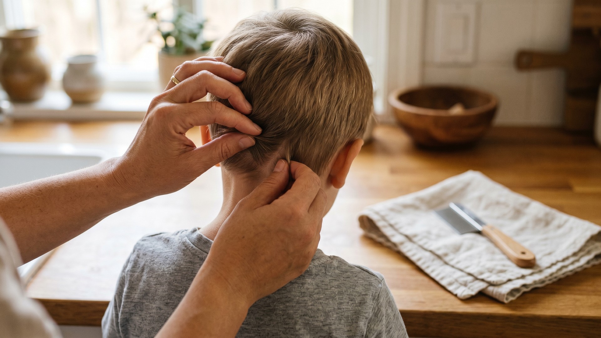 A parent's hands gently parting the back of a child's hair near the nape of the neck under soft natural daylight, with a fine-toothed stainless steel nit comb resting on a folded cotton towel on the counter beside them.