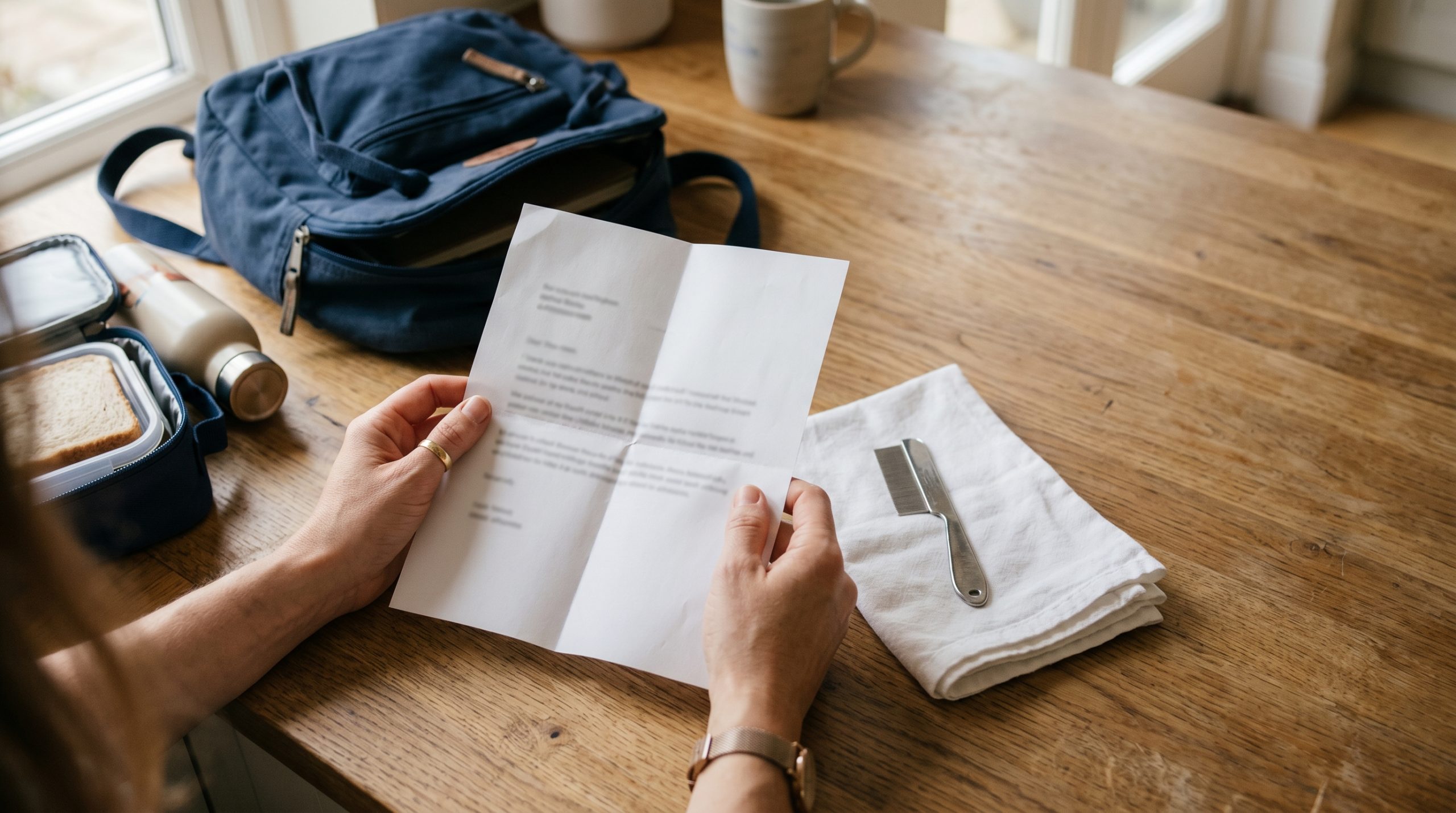 A folded paper school lice notification letter on a wooden kitchen counter next to a child's open backpack, lunchbox, and a fine-toothed metal lice comb on a folded white cloth, lit by soft natural daylight from a side window.