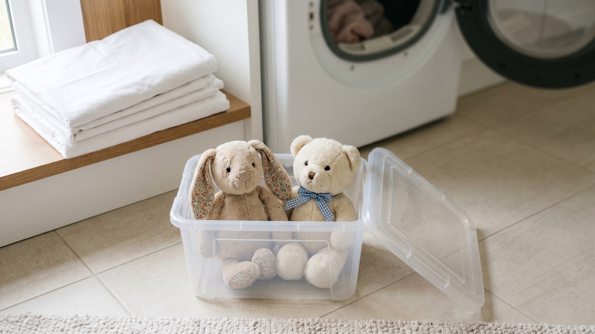 A clear plastic storage bin holding two soft pastel stuffed animals (a bunny and a teddy bear) on a home laundry-room floor, with a folded white bed sheet and a dryer drum softly out of focus in the background, under calm natural daylight.