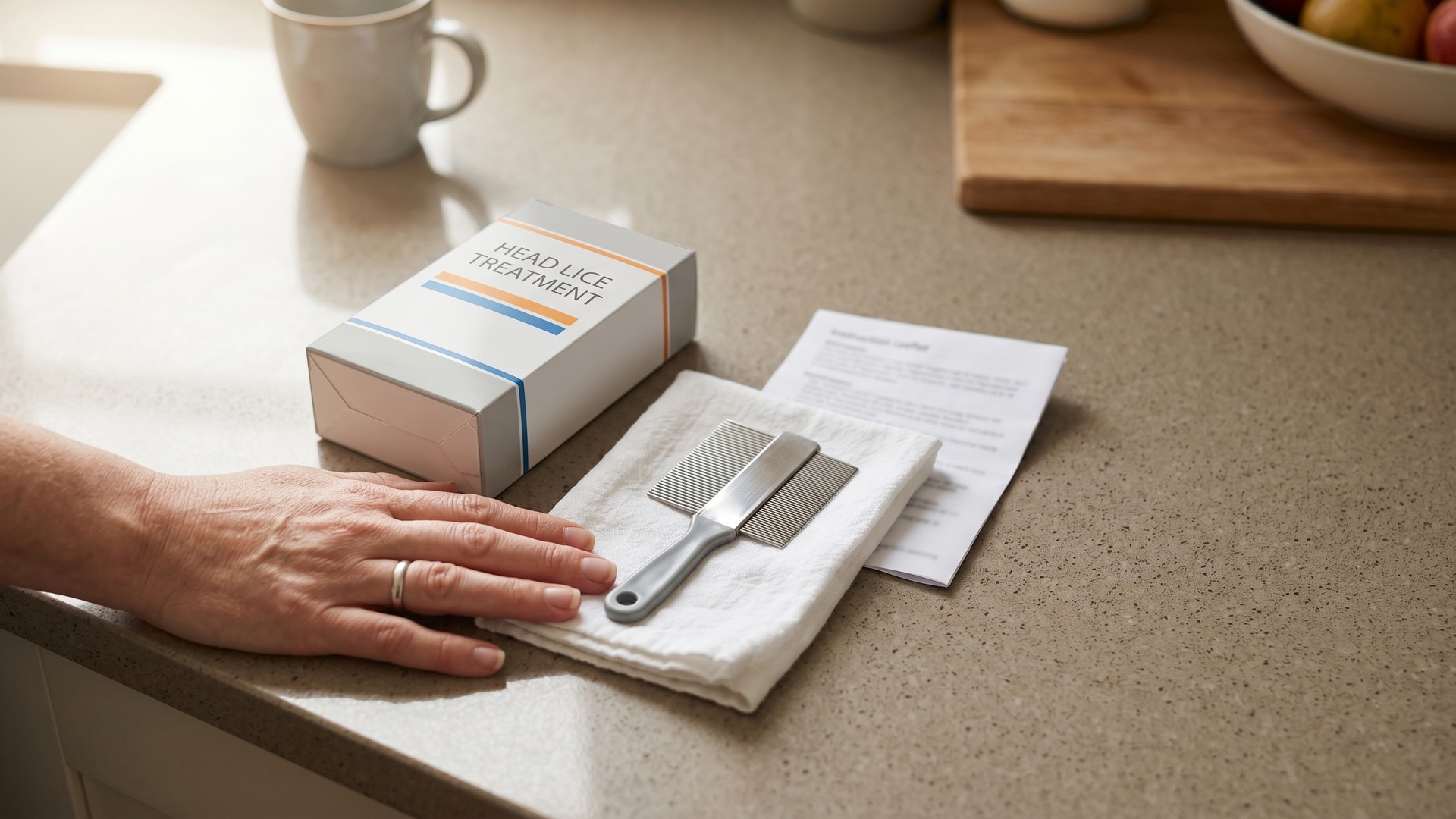 A generic over-the-counter head lice treatment box on a kitchen counter next to a fine-toothed stainless steel nit comb resting on a folded white cloth, with a parent's hand resting nearby and soft natural daylight from a side window.