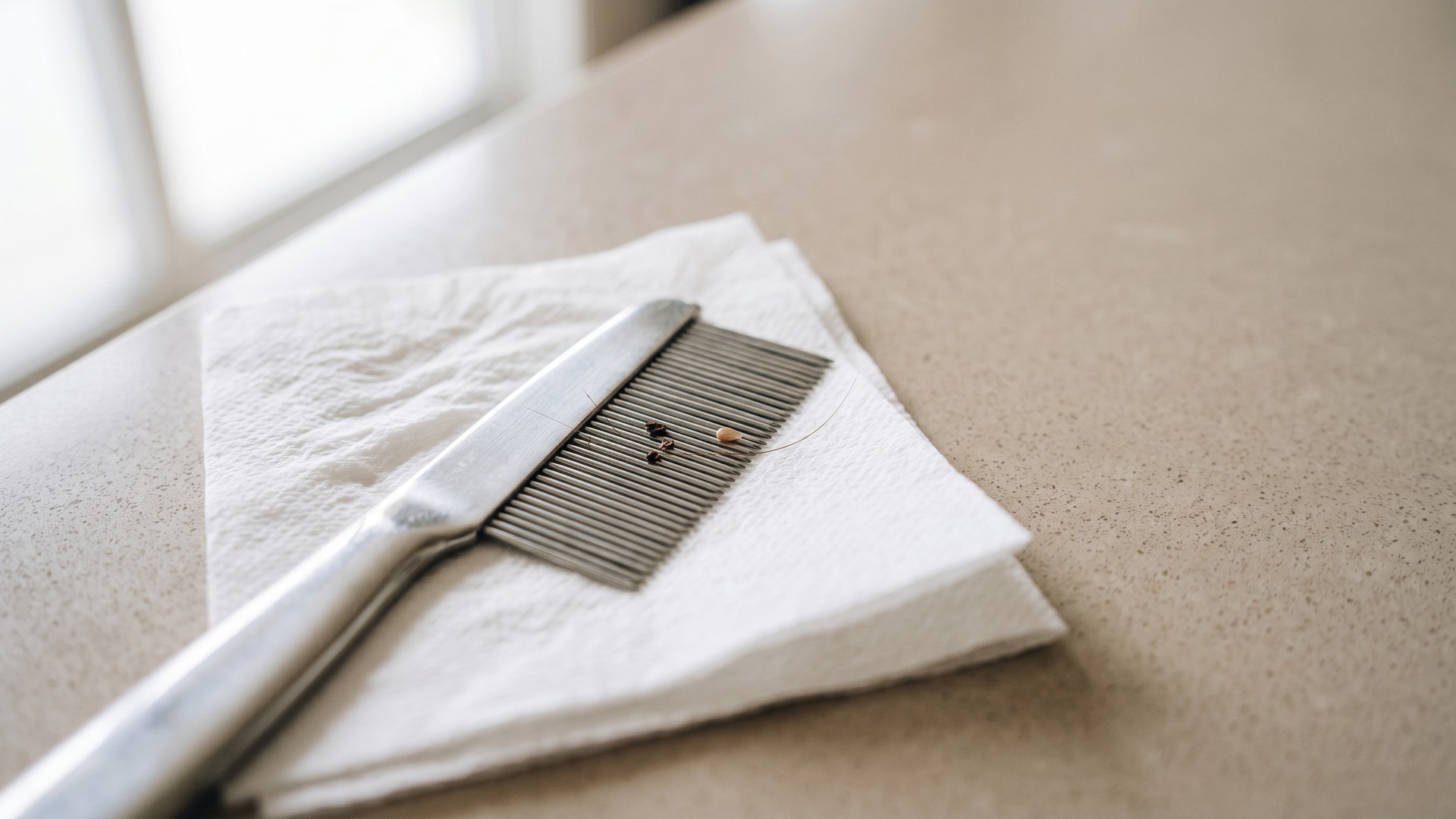 A fine-toothed stainless-steel lice nit comb resting on a folded damp white paper towel under soft natural daylight, with faint debris visible in the teeth, on a clean neutral kitchen counter.