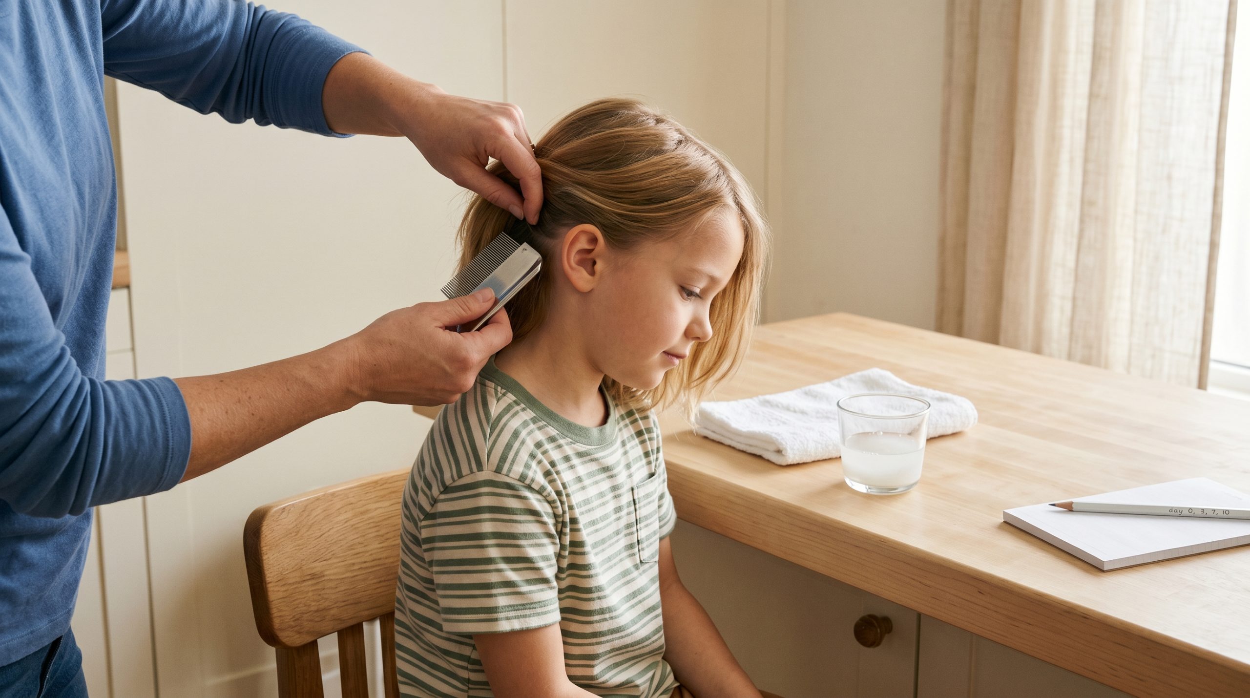 Parent gently parting a child's hair at a sunlit kitchen counter with a stainless-steel nit comb and a check schedule note pad, illustrating a calm 48-hour response after a head lice exposure at school.