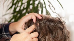Close-up of a parent's hands gently parting a school-aged child's hair under good light to check the scalp for dark specks, nits, and other debris